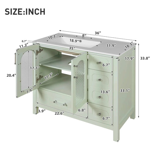 36' Bathroom Cabinet with Waffle Texture Doors, Bathroom Vanity with Four Drawers and Two Soft-Closing Doors, Bathroom Storage with Glass Doors Default -DTYStore