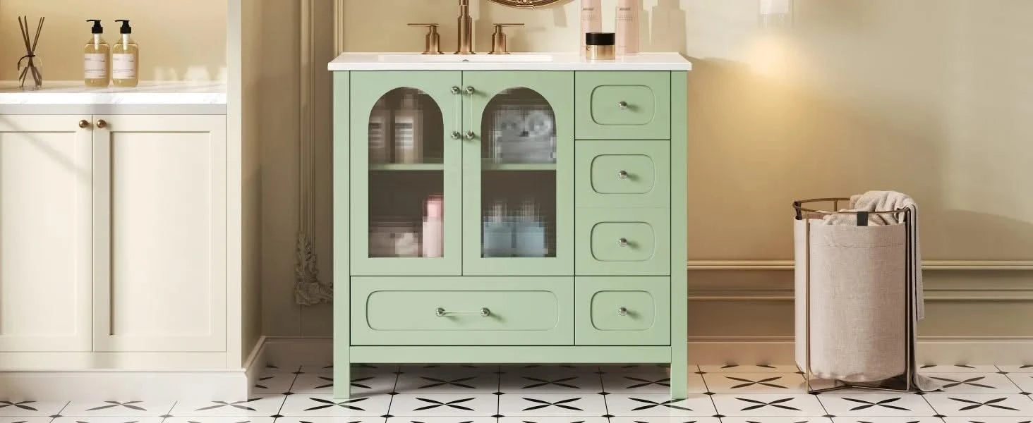 36' Bathroom Cabinet with Waffle Texture Doors, Bathroom Vanity with Four Drawers and Two Soft-Closing Doors, Bathroom Storage with Glass Doors Default -DTYStore