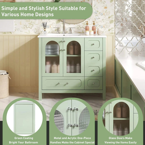 36' Bathroom Cabinet with Waffle Texture Doors, Bathroom Vanity with Four Drawers and Two Soft-Closing Doors, Bathroom Storage with Glass Doors Default -DTYStore