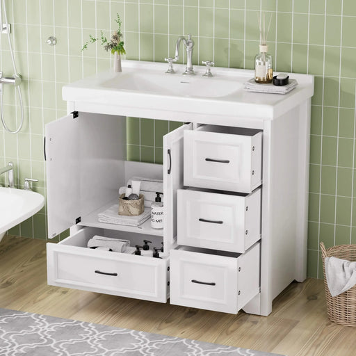 36'' Bathroom Vanities with Single Sink, Modern Under mount Bathroom Sink Cabinet with 2 Closing Doors & 4 Drawers. White, 35.8''W x 19.7''D x 35.4''H. Default -DTYStore