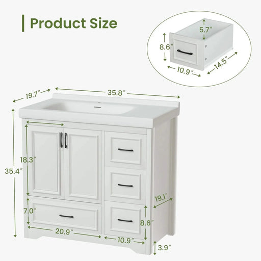36'' Bathroom Vanities with Single Sink, Modern Under mount Bathroom Sink Cabinet with 2 Closing Doors & 4 Drawers. White, 35.8''W x 19.7''D x 35.4''H. Default -DTYStore