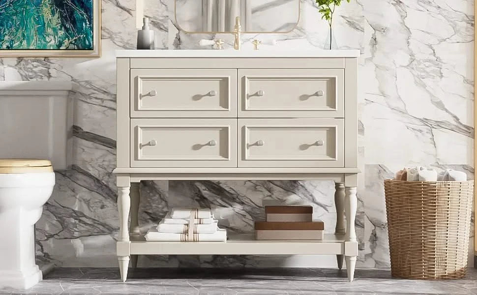 36' Bathroom Vanity Cabinet with Sink Combo Set, Undermount Ceramic Sink, Free Standing Vanity Set with 4 Drawers, Solid Wood Frame Bathroom Cabinet, Beige Default -DTYStore