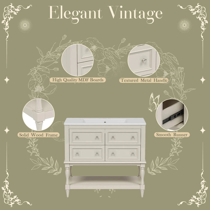 36' Bathroom Vanity Cabinet with Sink Combo Set, Undermount Ceramic Sink, Free Standing Vanity Set with 4 Drawers, Solid Wood Frame Bathroom Cabinet, Beige Default -DTYStore