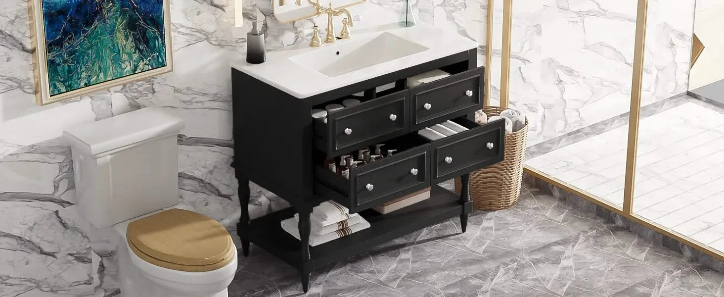 36' Bathroom Vanity Cabinet with Sink Combo Set, Undermount Ceramic Sink, Free Standing Vanity Set with 4 Drawers, Solid Wood Frame Bathroom Cabinet, Black Default -DTYStore