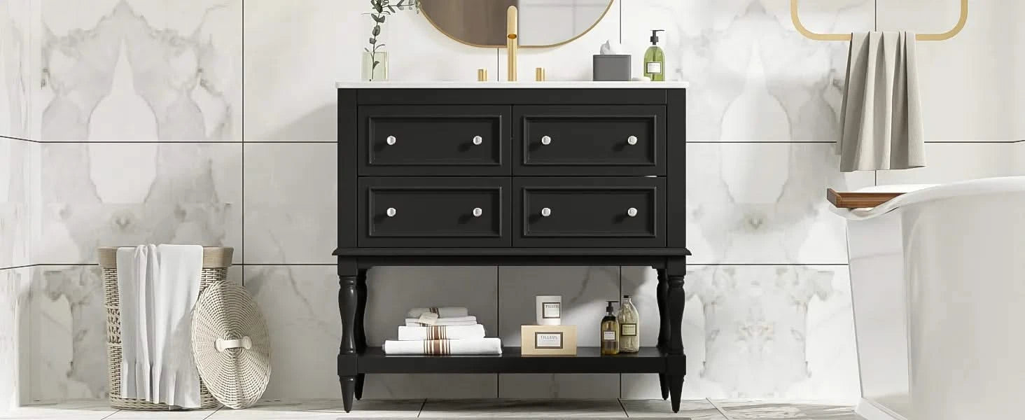 36' Bathroom Vanity Cabinet with Sink Combo Set, Undermount Ceramic Sink, Free Standing Vanity Set with 4 Drawers, Solid Wood Frame Bathroom Cabinet, Black Default -DTYStore
