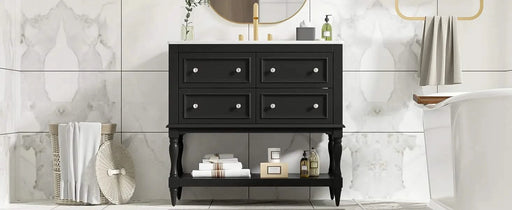 36' Bathroom Vanity Cabinet with Sink Combo Set, Undermount Ceramic Sink, Free Standing Vanity Set with 4 Drawers, Solid Wood Frame Bathroom Cabinet, Black Default -DTYStore