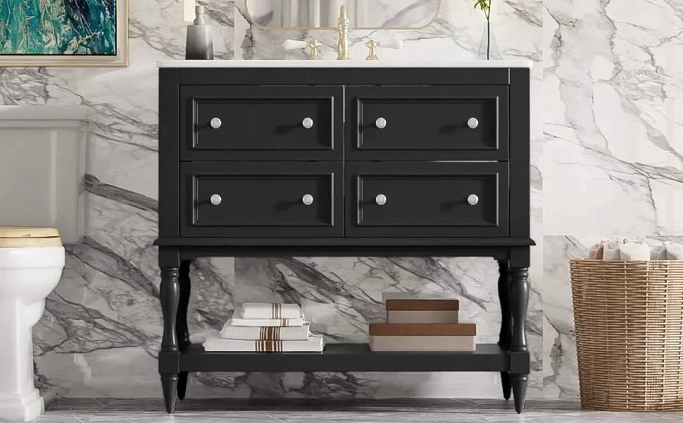 36' Bathroom Vanity Cabinet with Sink Combo Set, Undermount Ceramic Sink, Free Standing Vanity Set with 4 Drawers, Solid Wood Frame Bathroom Cabinet, Black Default -DTYStore