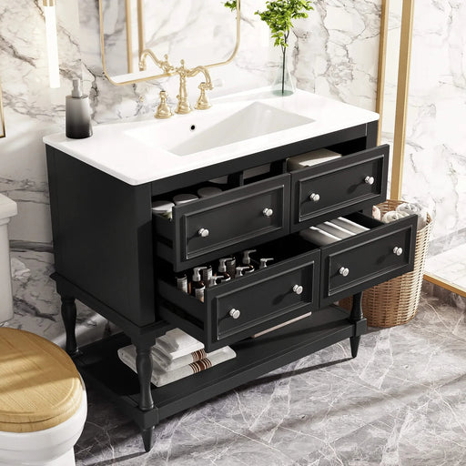 36' Bathroom Vanity Cabinet with Sink Combo Set, Undermount Ceramic Sink, Free Standing Vanity Set with 4 Drawers, Solid Wood Frame Bathroom Cabinet, Black Default -DTYStore