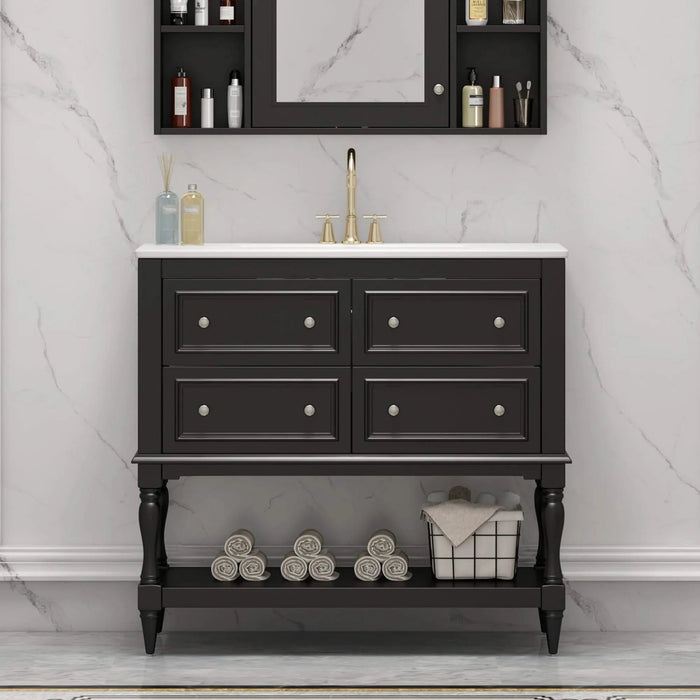 36' Bathroom Vanity Cabinet with Sink Combo Set, Undermount Ceramic Sink, Free Standing Vanity Set with 4 Drawers, Solid Wood Frame Bathroom Cabinet, Black Default -DTYStore