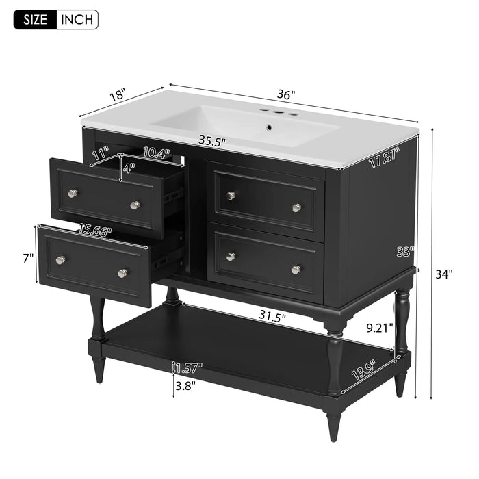 36' Bathroom Vanity Cabinet with Sink Combo Set, Undermount Ceramic Sink, Free Standing Vanity Set with 4 Drawers, Solid Wood Frame Bathroom Cabinet, Black Default -DTYStore