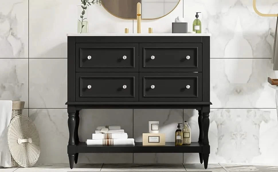 36' Bathroom Vanity Cabinet with Sink Combo Set, Undermount Ceramic Sink, Free Standing Vanity Set with 4 Drawers, Solid Wood Frame Bathroom Cabinet, Black Default -DTYStore