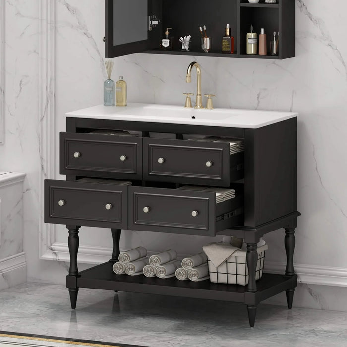 36' Bathroom Vanity Cabinet with Sink Combo Set, Undermount Ceramic Sink, Free Standing Vanity Set with 4 Drawers, Solid Wood Frame Bathroom Cabinet, Black Default -DTYStore