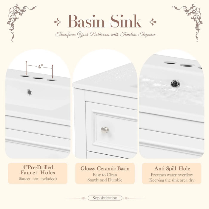 36' Bathroom Vanity Cabinet with Sink Combo Set, Undermount Ceramic Sink, Free Standing Vanity Set with 4 Drawers, Solid Wood Frame Bathroom Cabinet, White Default -DTYStore