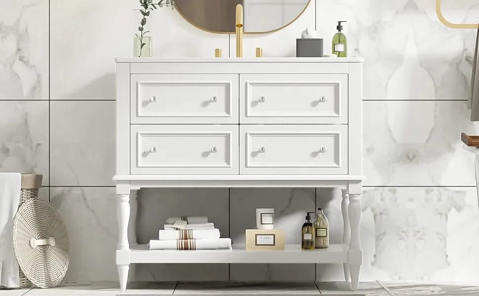 36' Bathroom Vanity Cabinet with Sink Combo Set, Undermount Ceramic Sink, Free Standing Vanity Set with 4 Drawers, Solid Wood Frame Bathroom Cabinet, White Default -DTYStore