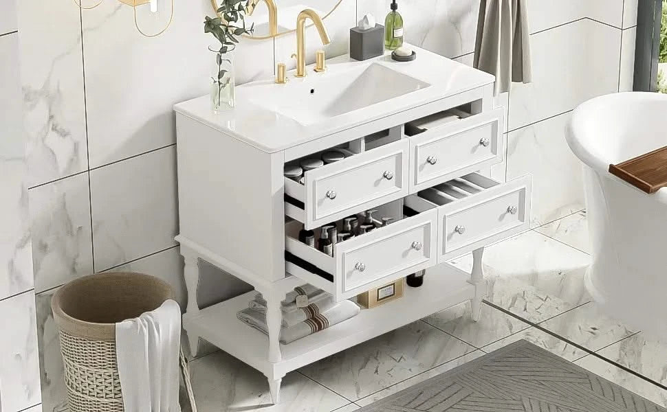 36' Bathroom Vanity Cabinet with Sink Combo Set, Undermount Ceramic Sink, Free Standing Vanity Set with 4 Drawers, Solid Wood Frame Bathroom Cabinet, White Default -DTYStore