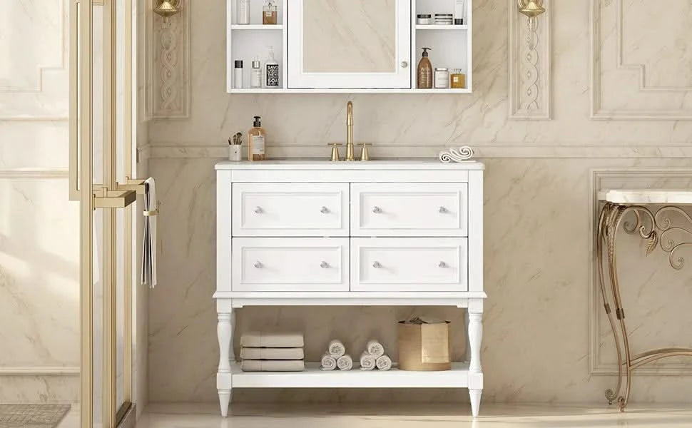 36' Bathroom Vanity Cabinet with Sink Combo Set, Undermount Ceramic Sink, Free Standing Vanity Set with 4 Drawers, Solid Wood Frame Bathroom Cabinet, White Default -DTYStore