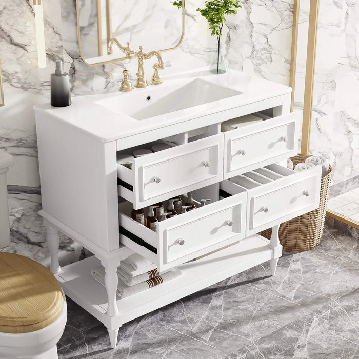36' Bathroom Vanity Cabinet with Sink Combo Set, Undermount Ceramic Sink, Free Standing Vanity Set with 4 Drawers, Solid Wood Frame Bathroom Cabinet, White Default -DTYStore