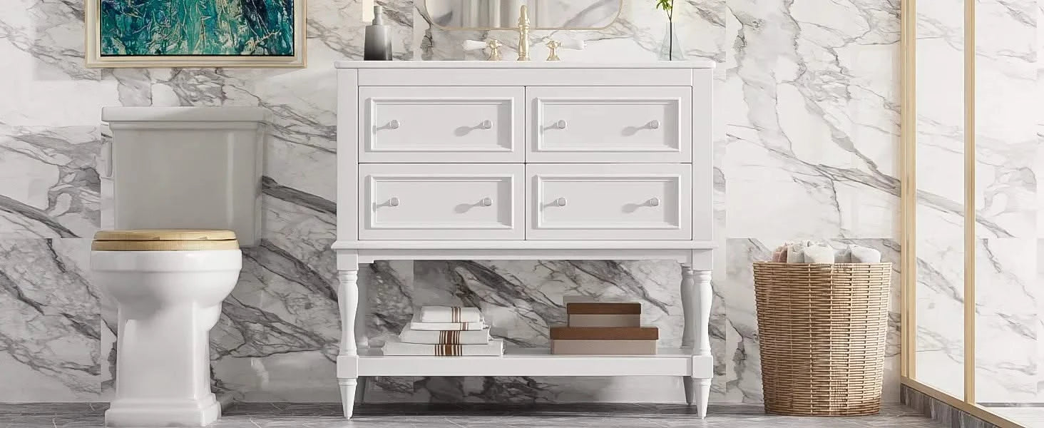 36' Bathroom Vanity Cabinet with Sink Combo Set, Undermount Ceramic Sink, Free Standing Vanity Set with 4 Drawers, Solid Wood Frame Bathroom Cabinet, White Default -DTYStore