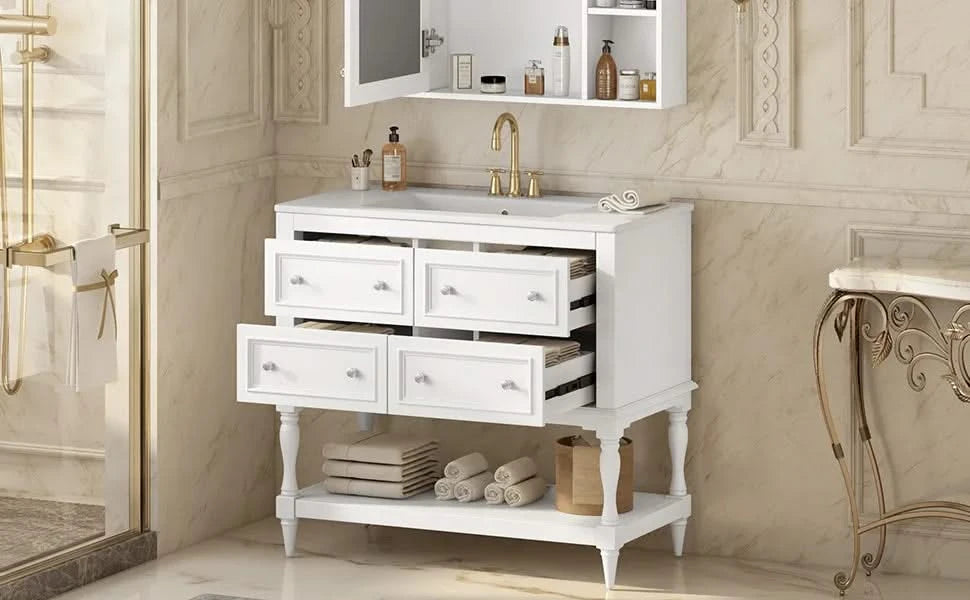 36' Bathroom Vanity Cabinet with Sink Combo Set, Undermount Ceramic Sink, Free Standing Vanity Set with 4 Drawers, Solid Wood Frame Bathroom Cabinet, White Default -DTYStore