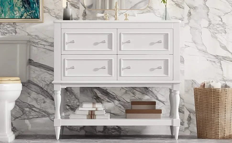 36' Bathroom Vanity Cabinet with Sink Combo Set, Undermount Ceramic Sink, Free Standing Vanity Set with 4 Drawers, Solid Wood Frame Bathroom Cabinet, White Default -DTYStore