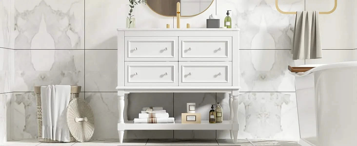 36' Bathroom Vanity Cabinet with Sink Combo Set, Undermount Ceramic Sink, Free Standing Vanity Set with 4 Drawers, Solid Wood Frame Bathroom Cabinet, White Default -DTYStore