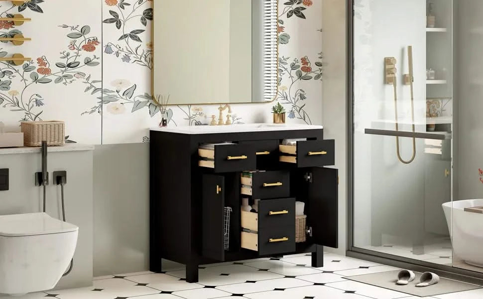 36'' Bathroom Vanity with Ceramic Sink Combo Set,Modern Freestanding Single Bathroom Cabinet with 4 Drawers & 2 Cabinets,Storage Cabinet for Bathroom, Solid Wood Frame Vanity Set, Black Default -DTYStore