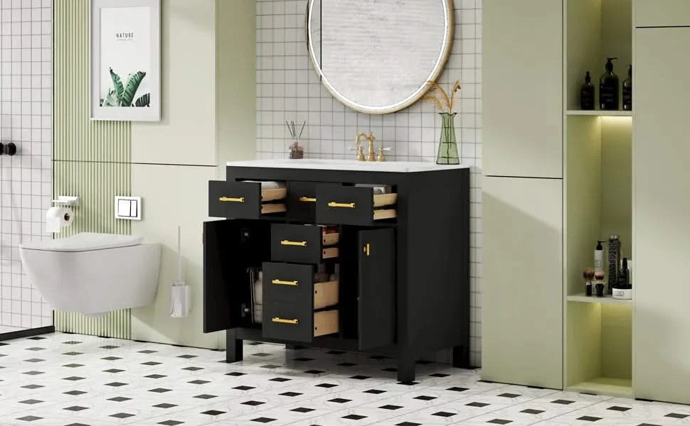 36'' Bathroom Vanity with Ceramic Sink Combo Set,Modern Freestanding Single Bathroom Cabinet with 4 Drawers & 2 Cabinets,Storage Cabinet for Bathroom, Solid Wood Frame Vanity Set, Black Default -DTYStore