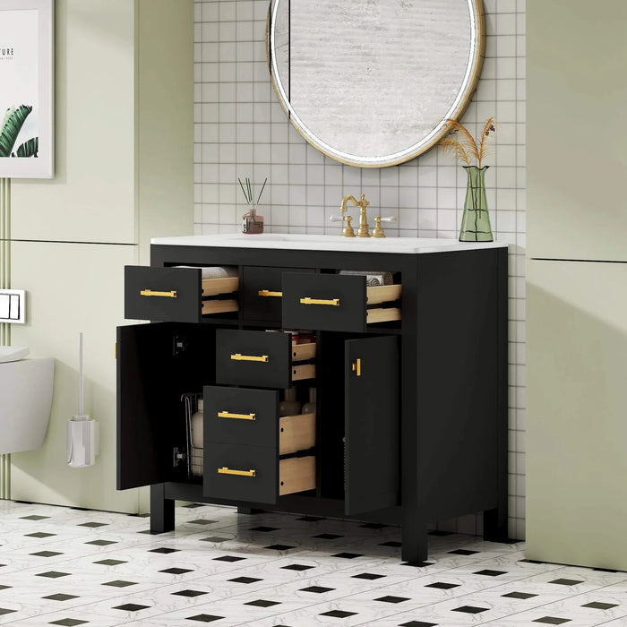 36'' Bathroom Vanity with Ceramic Sink Combo Set,Modern Freestanding Single Bathroom Cabinet with 4 Drawers & 2 Cabinets,Storage Cabinet for Bathroom, Solid Wood Frame Vanity Set, Black Default -DTYStore