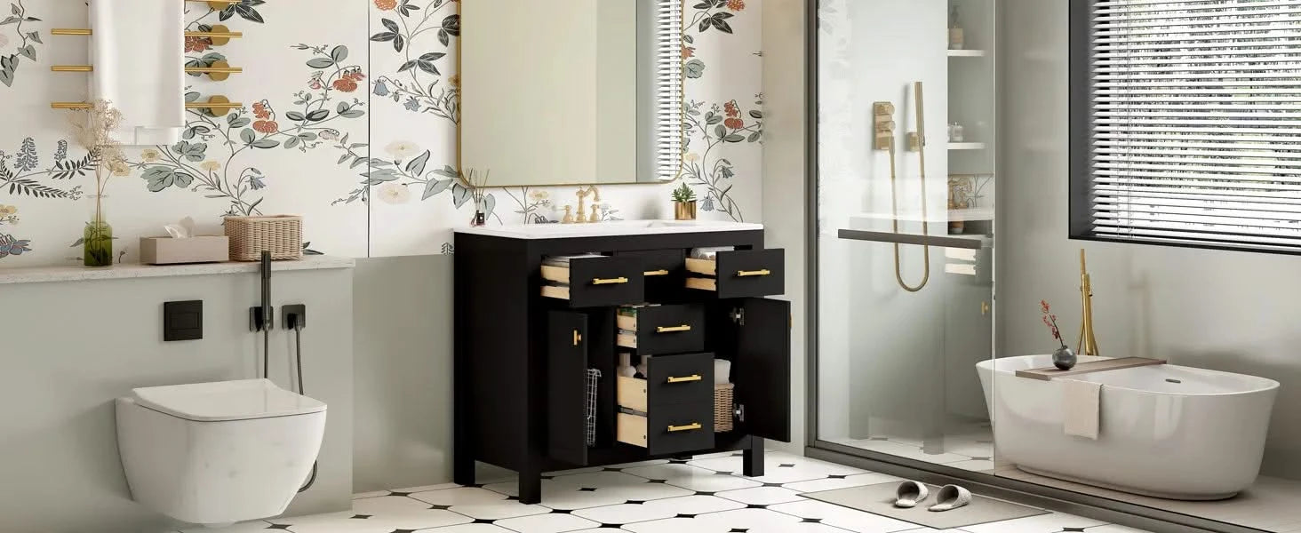 36'' Bathroom Vanity with Ceramic Sink Combo Set,Modern Freestanding Single Bathroom Cabinet with 4 Drawers & 2 Cabinets,Storage Cabinet for Bathroom, Solid Wood Frame Vanity Set, Black Default -DTYStore