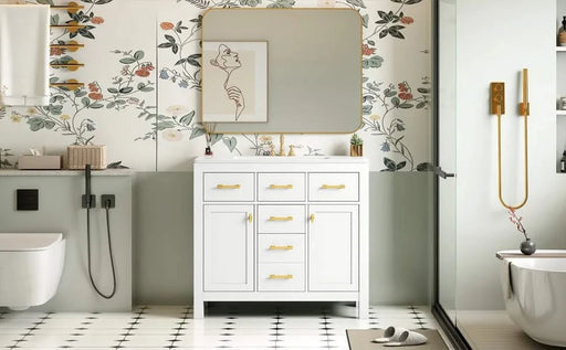 36'' Bathroom Vanity with Ceramic Sink Combo Set,Modern Freestanding Single Bathroom Cabinet with 4 Drawers & 2 Cabinets,Storage Cabinet for Bathroom, Solid Wood Frame Vanity Set, White Default -DTYStore