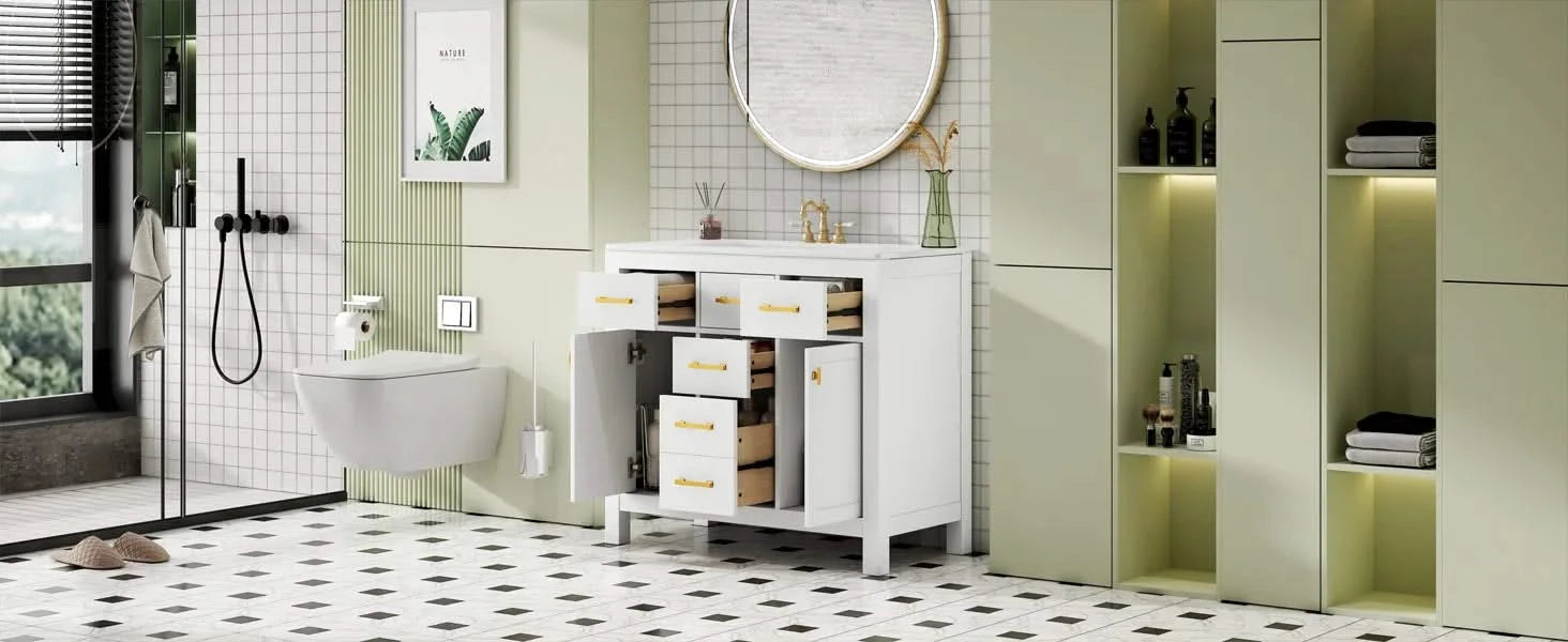 36'' Bathroom Vanity with Ceramic Sink Combo Set,Modern Freestanding Single Bathroom Cabinet with 4 Drawers & 2 Cabinets,Storage Cabinet for Bathroom, Solid Wood Frame Vanity Set, White Default -DTYStore