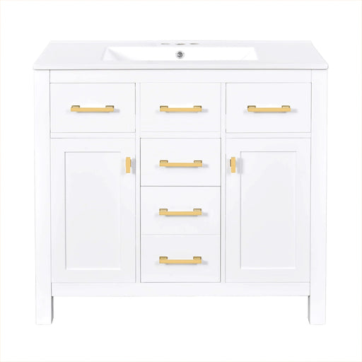 36'' Bathroom Vanity with Ceramic Sink Combo Set,Modern Freestanding Single Bathroom Cabinet with 4 Drawers & 2 Cabinets,Storage Cabinet for Bathroom, Solid Wood Frame Vanity Set, White Default -DTYStore