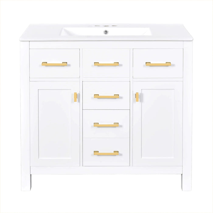 36'' Bathroom Vanity with Ceramic Sink Combo Set,Modern Freestanding Single Bathroom Cabinet with 4 Drawers & 2 Cabinets,Storage Cabinet for Bathroom, Solid Wood Frame Vanity Set, White Default -DTYStore