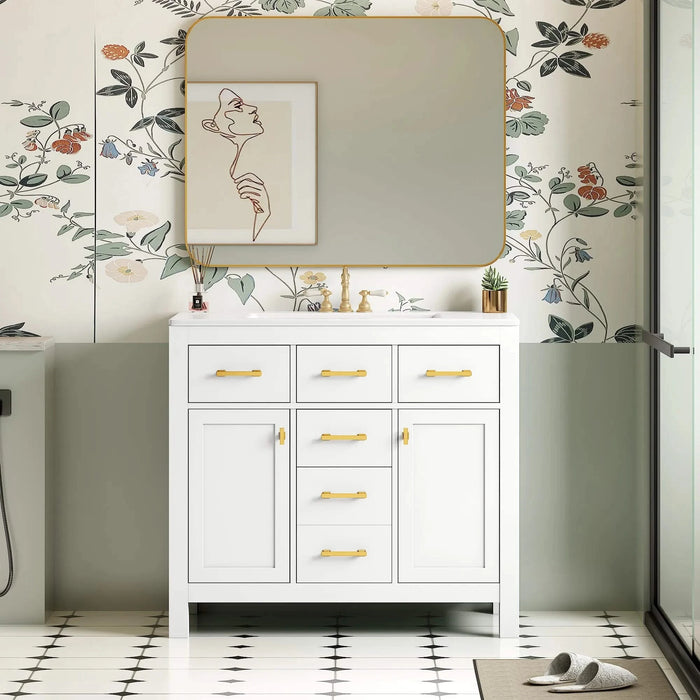 36'' Bathroom Vanity with Ceramic Sink Combo Set,Modern Freestanding Single Bathroom Cabinet with 4 Drawers & 2 Cabinets,Storage Cabinet for Bathroom, Solid Wood Frame Vanity Set, White Default -DTYStore