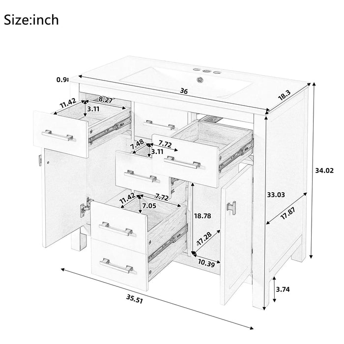 36'' Bathroom Vanity with Ceramic Sink Combo Set,Modern Freestanding Single Bathroom Cabinet with 4 Drawers & 2 Cabinets,Storage Cabinet for Bathroom, Solid Wood Frame Vanity Set, White Default -DTYStore