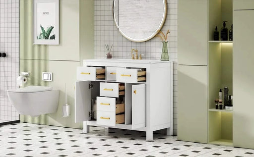 36'' Bathroom Vanity with Ceramic Sink Combo Set,Modern Freestanding Single Bathroom Cabinet with 4 Drawers & 2 Cabinets,Storage Cabinet for Bathroom, Solid Wood Frame Vanity Set, White Default -DTYStore