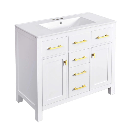 36'' Bathroom Vanity with Ceramic Sink Combo Set,Modern Freestanding Single Bathroom Cabinet with 4 Drawers & 2 Cabinets,Storage Cabinet for Bathroom, Solid Wood Frame Vanity Set, White Default -DTYStore