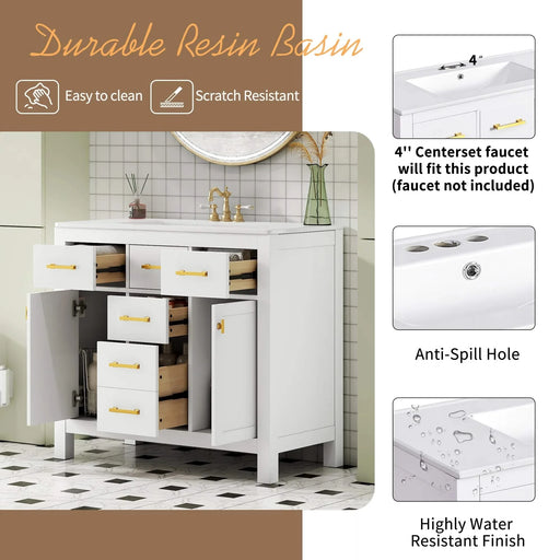36'' Bathroom Vanity with Ceramic Sink Combo Set,Modern Freestanding Single Bathroom Cabinet with 4 Drawers & 2 Cabinets,Storage Cabinet for Bathroom, Solid Wood Frame Vanity Set, White Default -DTYStore