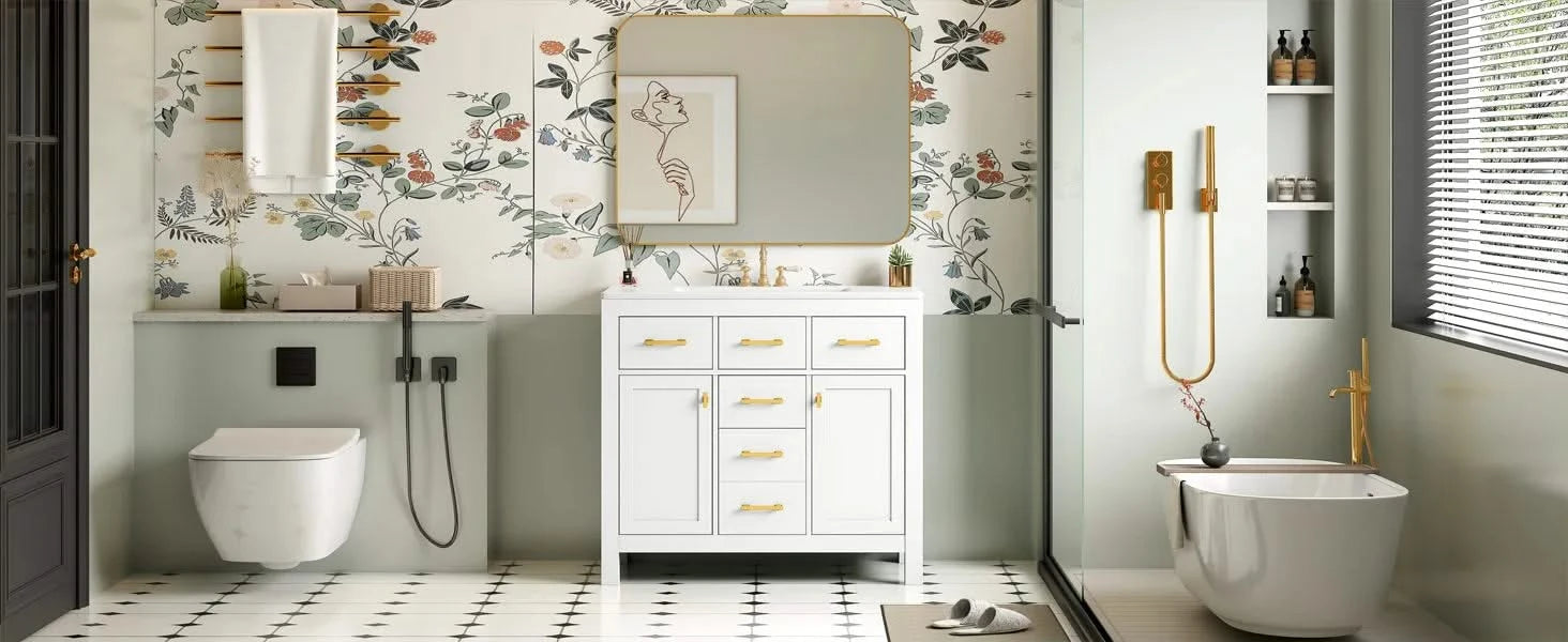 36'' Bathroom Vanity with Ceramic Sink Combo Set,Modern Freestanding Single Bathroom Cabinet with 4 Drawers & 2 Cabinets,Storage Cabinet for Bathroom, Solid Wood Frame Vanity Set, White Default -DTYStore