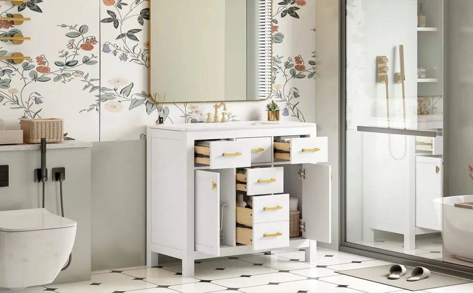 36'' Bathroom Vanity with Ceramic Sink Combo Set,Modern Freestanding Single Bathroom Cabinet with 4 Drawers & 2 Cabinets,Storage Cabinet for Bathroom, Solid Wood Frame Vanity Set, White Default -DTYStore