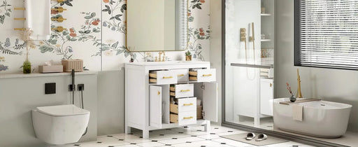 36'' Bathroom Vanity with Ceramic Sink Combo Set,Modern Freestanding Single Bathroom Cabinet with 4 Drawers & 2 Cabinets,Storage Cabinet for Bathroom, Solid Wood Frame Vanity Set, White Default -DTYStore