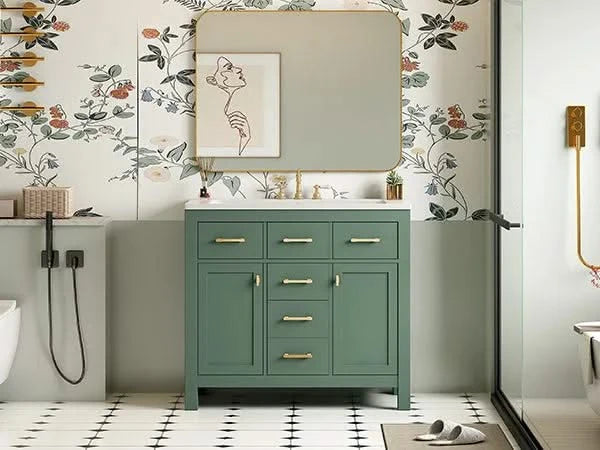 36'' Bathroom Vanity with Ceramic Sink Combo Set, Modern Freestanding Single Bathroom Cabinet with 4 Drawers & 2 Cabinets,Storage Cabinet for Bathroom, Solid Wood Frame Vanity Set, Green Default -DTYStore