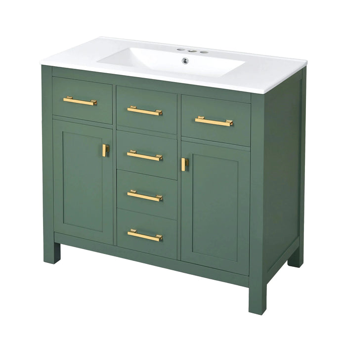 36'' Bathroom Vanity with Ceramic Sink Combo Set, Modern Freestanding Single Bathroom Cabinet with 4 Drawers & 2 Cabinets,Storage Cabinet for Bathroom, Solid Wood Frame Vanity Set, Green Default -DTYStore