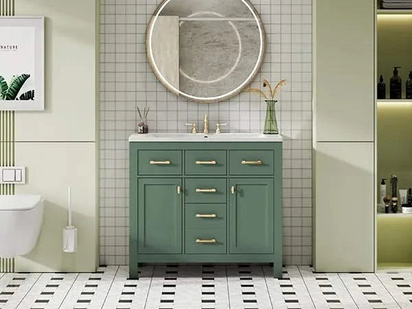36'' Bathroom Vanity with Ceramic Sink Combo Set, Modern Freestanding Single Bathroom Cabinet with 4 Drawers & 2 Cabinets,Storage Cabinet for Bathroom, Solid Wood Frame Vanity Set, Green Default -DTYStore