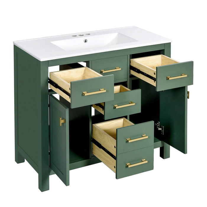 36'' Bathroom Vanity with Ceramic Sink Combo Set, Modern Freestanding Single Bathroom Cabinet with 4 Drawers & 2 Cabinets,Storage Cabinet for Bathroom, Solid Wood Frame Vanity Set, Green Default -DTYStore