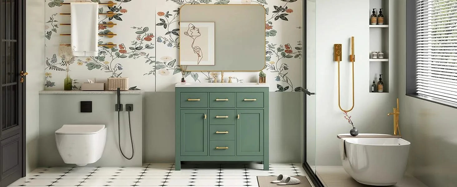 36'' Bathroom Vanity with Ceramic Sink Combo Set, Modern Freestanding Single Bathroom Cabinet with 4 Drawers & 2 Cabinets,Storage Cabinet for Bathroom, Solid Wood Frame Vanity Set, Green Default -DTYStore