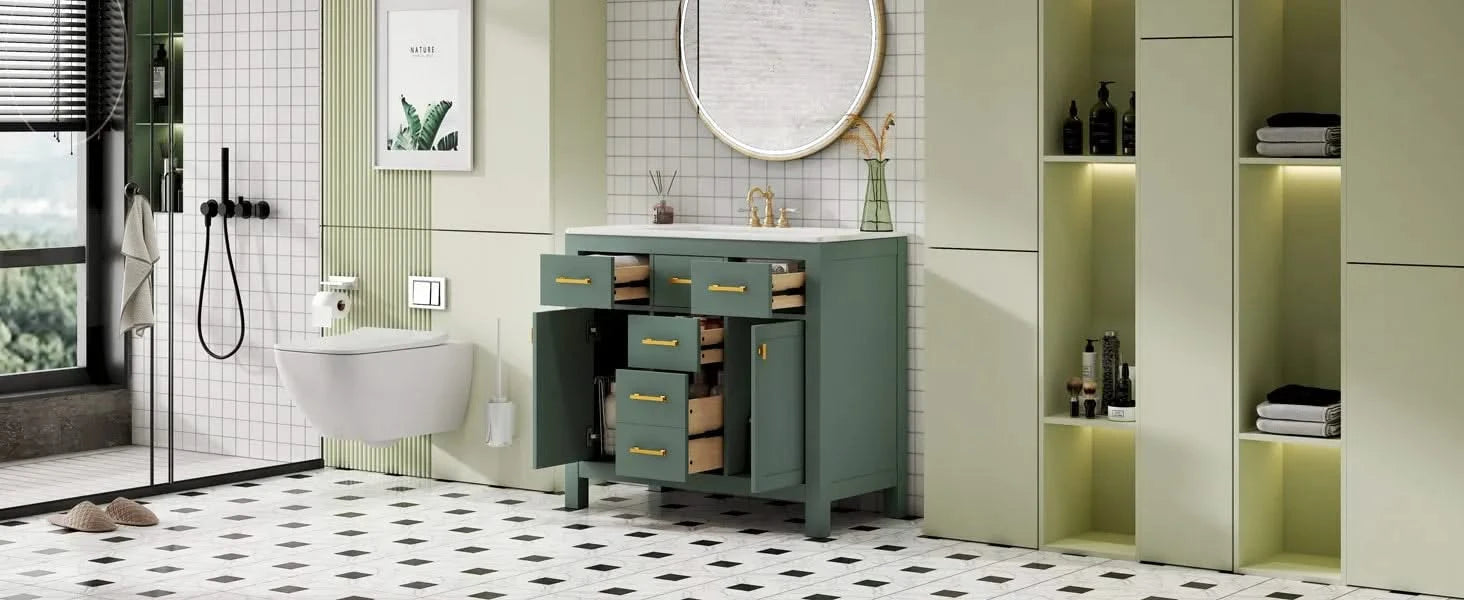 36'' Bathroom Vanity with Ceramic Sink Combo Set, Modern Freestanding Single Bathroom Cabinet with 4 Drawers & 2 Cabinets,Storage Cabinet for Bathroom, Solid Wood Frame Vanity Set, Green Default -DTYStore