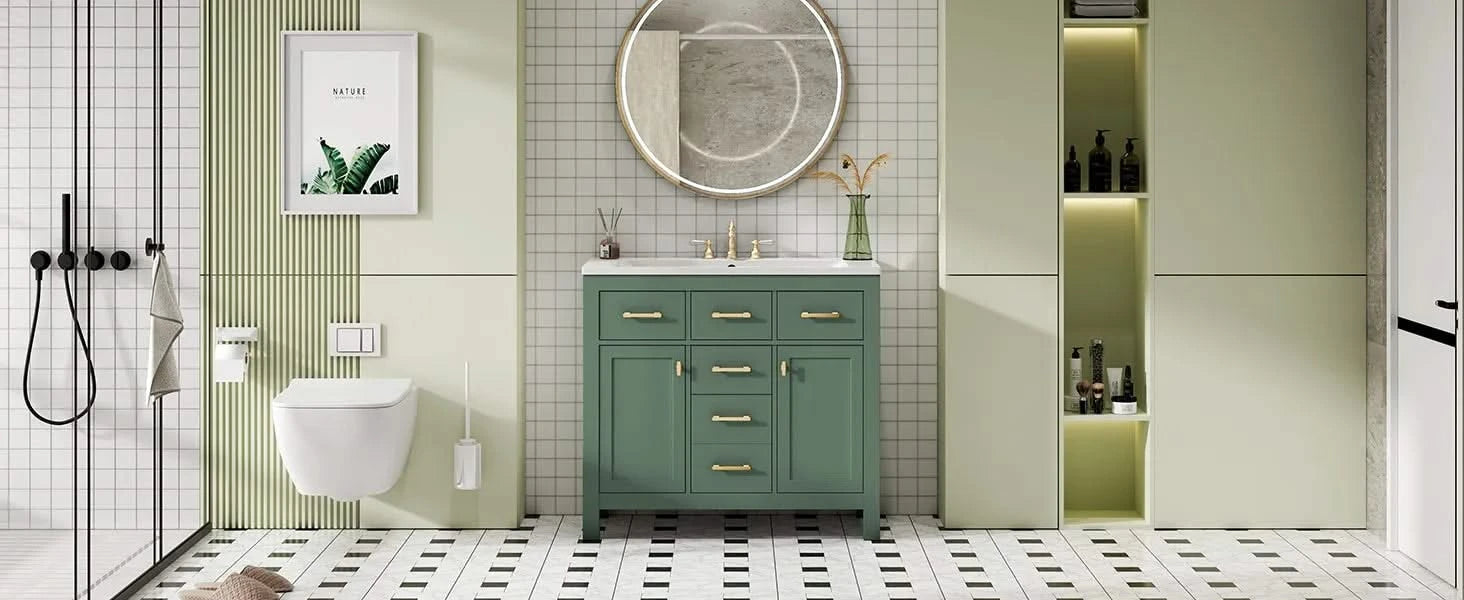 36'' Bathroom Vanity with Ceramic Sink Combo Set, Modern Freestanding Single Bathroom Cabinet with 4 Drawers & 2 Cabinets,Storage Cabinet for Bathroom, Solid Wood Frame Vanity Set, Green Default -DTYStore