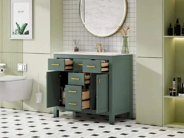 36'' Bathroom Vanity with Ceramic Sink Combo Set, Modern Freestanding Single Bathroom Cabinet with 4 Drawers & 2 Cabinets,Storage Cabinet for Bathroom, Solid Wood Frame Vanity Set, Green Default -DTYStore