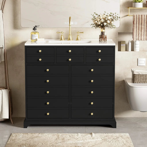 36'' Bathroom Vanity with Ceramic Sink Combo, Solid Wood Frame Bathroom Storage Cabinet, Freestanding Vanity Set with 2 Drawers& Soft Closing Doors, Black Default -DTYStore